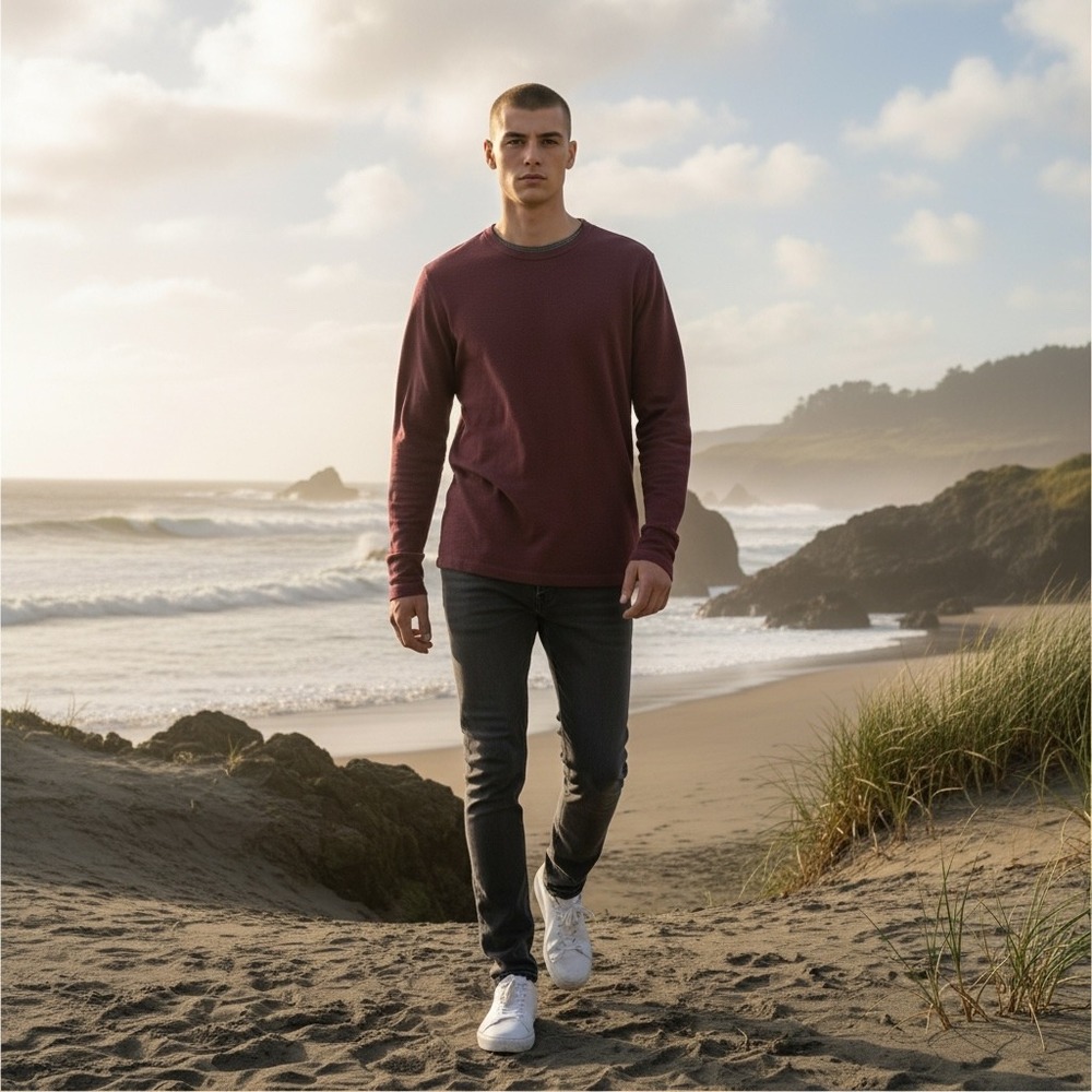 Vince Mens Burgundy Textured Long Sleeve Crewneck Shirt Size L‎ Cotton Blend